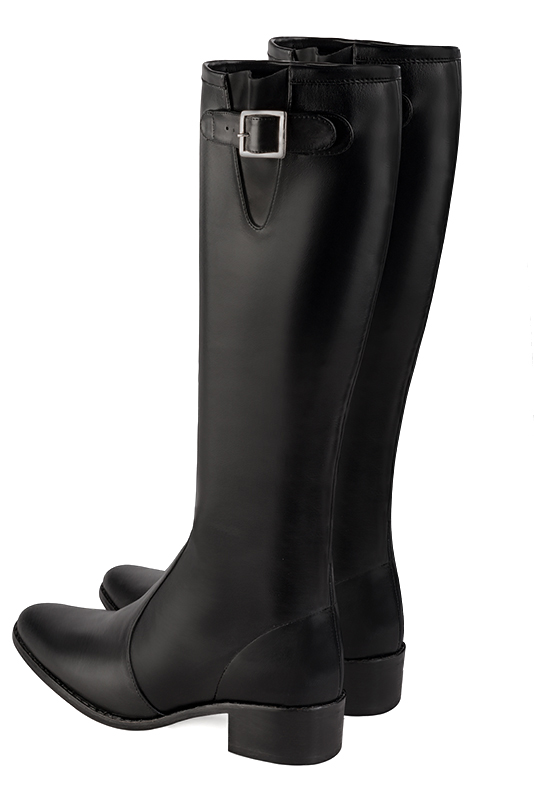 Satin black women's knee-high boots with buckles. Round toe. Low leather soles. Made to measure. Rear view - Florence KOOIJMAN